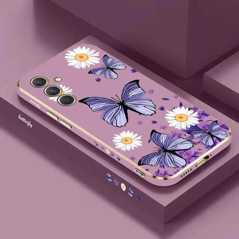 Purple Butterflies Luxury Plating Phone Case For Samsung Galaxy Samsung A54 A34 A24 A73 A53 A33 A23 A14 A13 A03 A03S A04 Cover