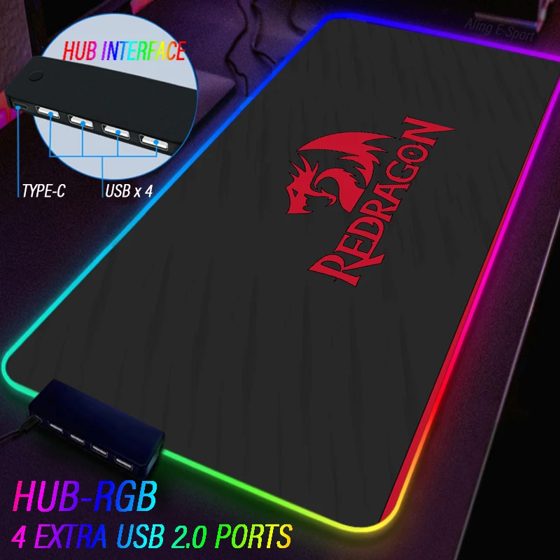 Redragon Extensible USB Hub 4Port Fabric Mouse Pad Red Dragon Luminous ESports Mousepad RGB Tablecloth Non-slip 90*40CM Mat