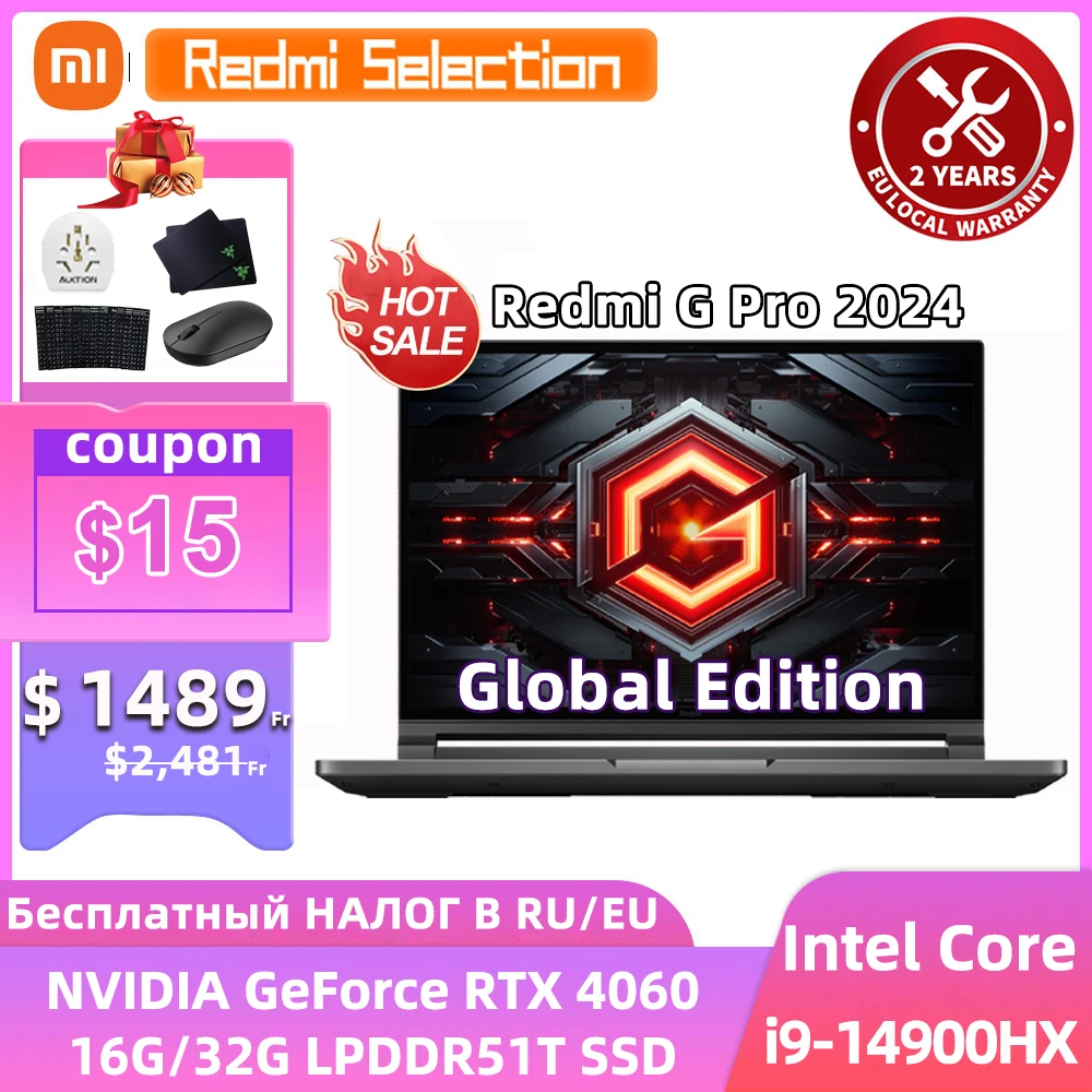 Xiaomi Gaming laptop 2024 Redmi G Pro Core i9-14900HX NVIDIA GeForce RTX 4060 RAM 16GB/32GB DDR5 1TB SSD 16-inch 240Hz Screen PC