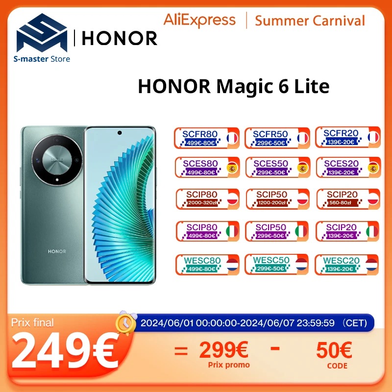 Global Version HONOR Magic6 Lite  smartphone 5G 108MP Main Camera Snapdragon 6 Gen 1 5300mAh Ultra-Bounce Anti-Drop