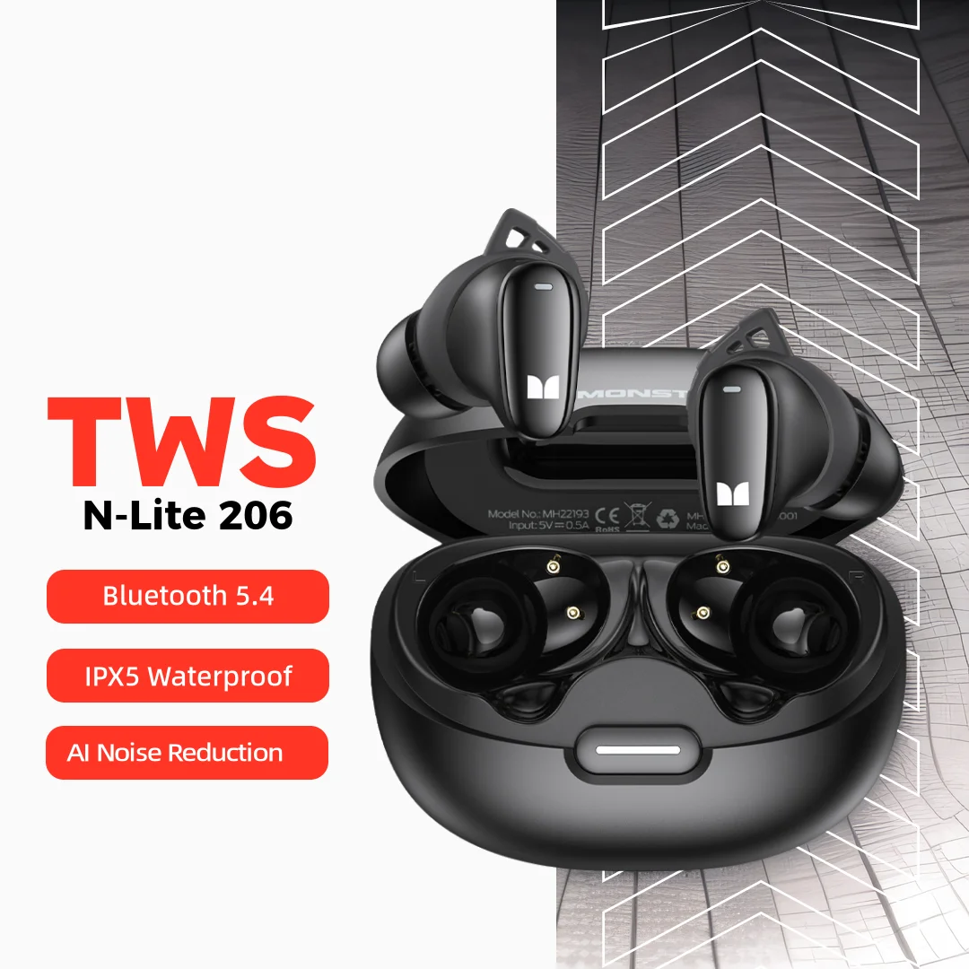 Monster N-LITE 206 Sports Wireless Headphones Bluetooth 5.4 Earphones AI Noise Cancelling IPX5 Waterproof TWS Earbuds with Mic