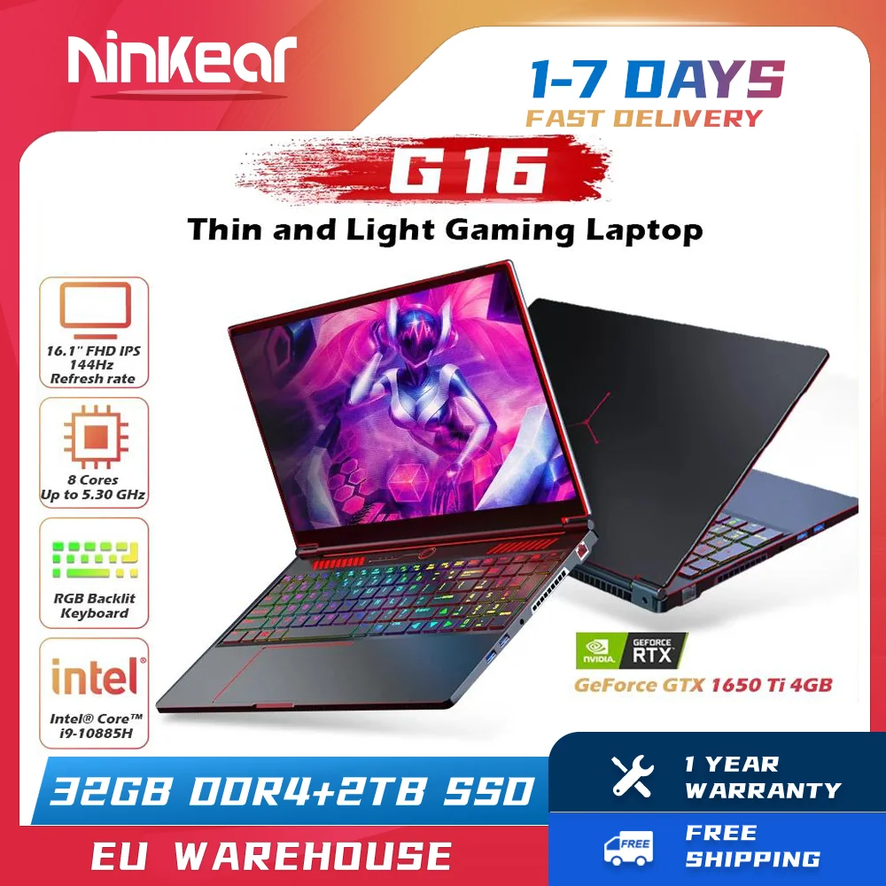 Ninkear G16 Gaming Laptop 16″ 144Hz Scree Intel Core I9-10885H Nvidia GTX1650Ti 4G 32GB RAM+1TB SSD Windows 11 Gaming Notebook