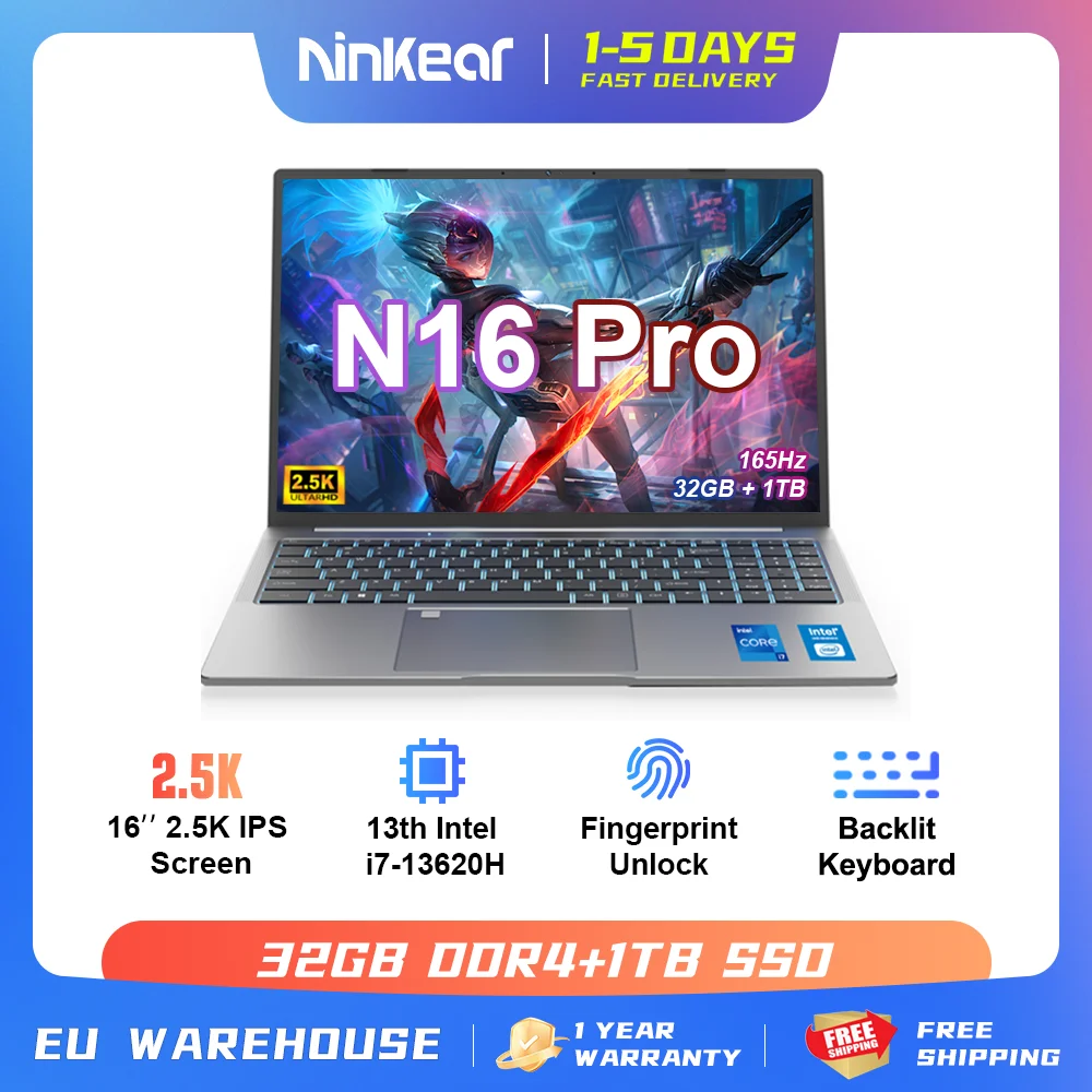 Ninkear N16 PRO Gaming Laptop 13th Intel i7-13620H 16-inch 2.5K IPS 165Hz 32GB DDR4+1TB SSD Fingerprint Backlit Keyboard wifi 6