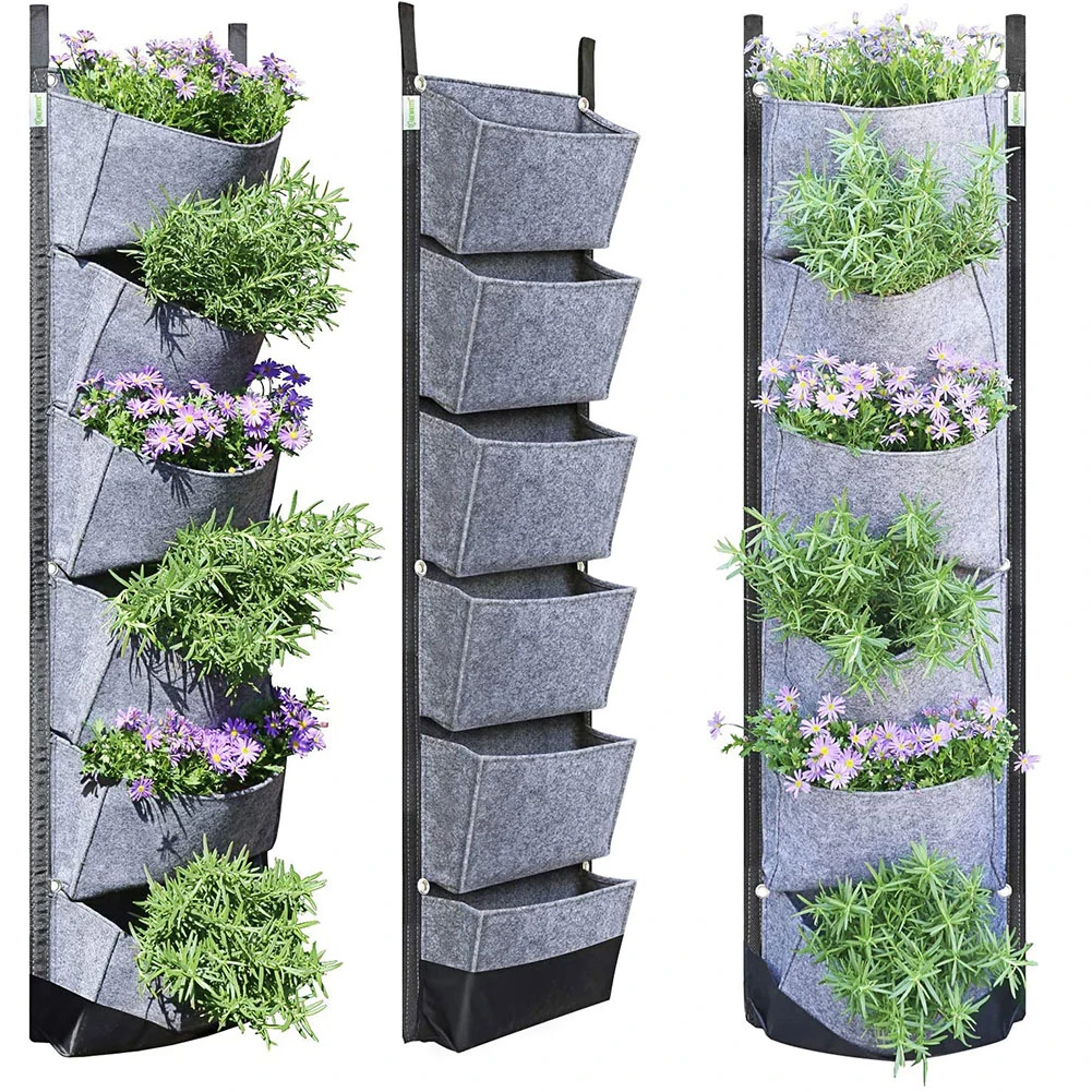 6 Pocket Vertical Garden Grey Planter Bag Wall-mounted Planting Flower Grow Pots 107X 30cm Home Garden Vegetable Fruit Supplies