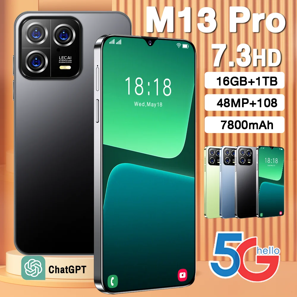 Global Version M13pro 5G Smartphone 7.3 Inch 16GB RAM+1024GB ROM Snapdragon 8 gen2,108MP Camera 7800Mah Battery Android Phone