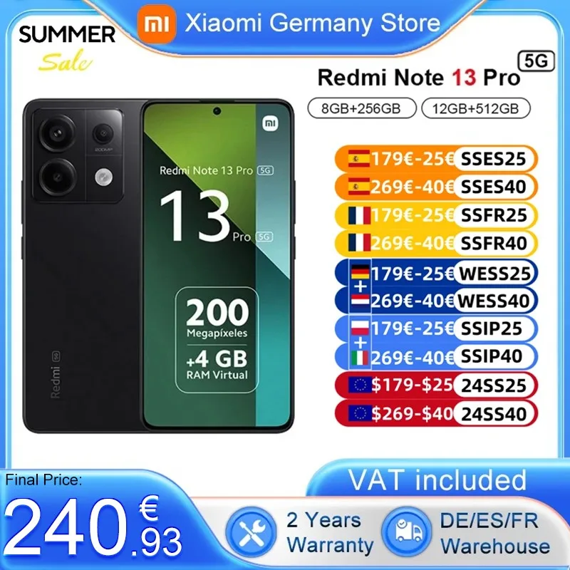 Global Version Xiaomi Redmi Note 13 Pro 5G Smartphone 6.67″ AMOLED Display Snapdragon 7s Gen 2 200MP Camera 67W Fast Charging