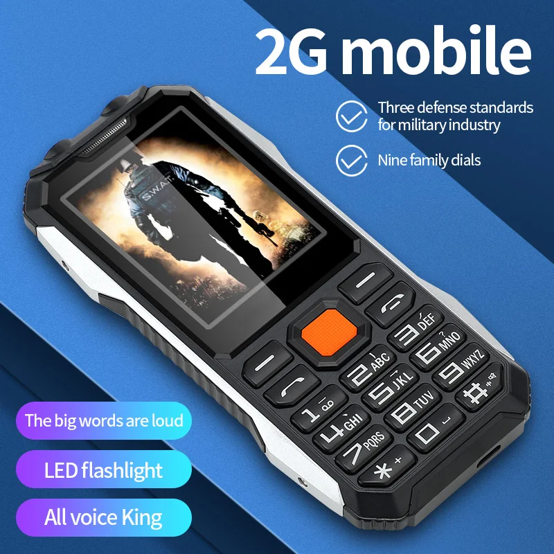 Rugged Mobile Phone A6 Dual Sim 2.8Inch Shockproof Big Font Loud Voice Strong Vibration Ultra-Thin Old Man Cellphone Flashlight