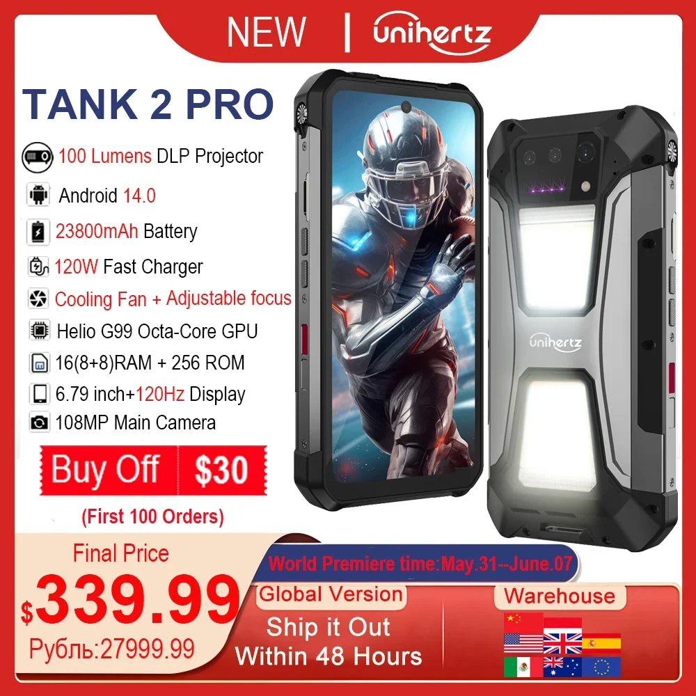 Unihertz tank 2 Pro 8849 rugged smartphone with projector 2.4K 23800 mAh 16GB + 256GB mobile phone Android 14