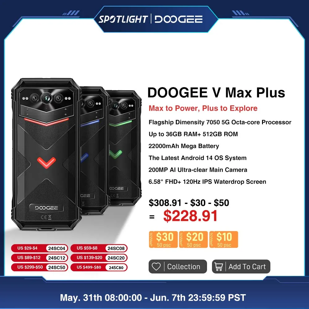 World Premiere DOOGEE V Max Plus Rugged Phone 22000mAh 36GB(16+20) 512GB 200MP Camera Phone 6.58″ 120Hz Dimensity 7050 Android14