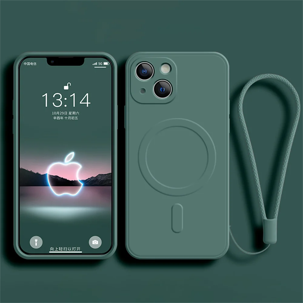 For Magsafe Magnetic Wireless Charge Case For iPhone 15 14 13 12 11 Pro Max Mini XR XS X Plus Soft Liquid Silicone Strap Cover