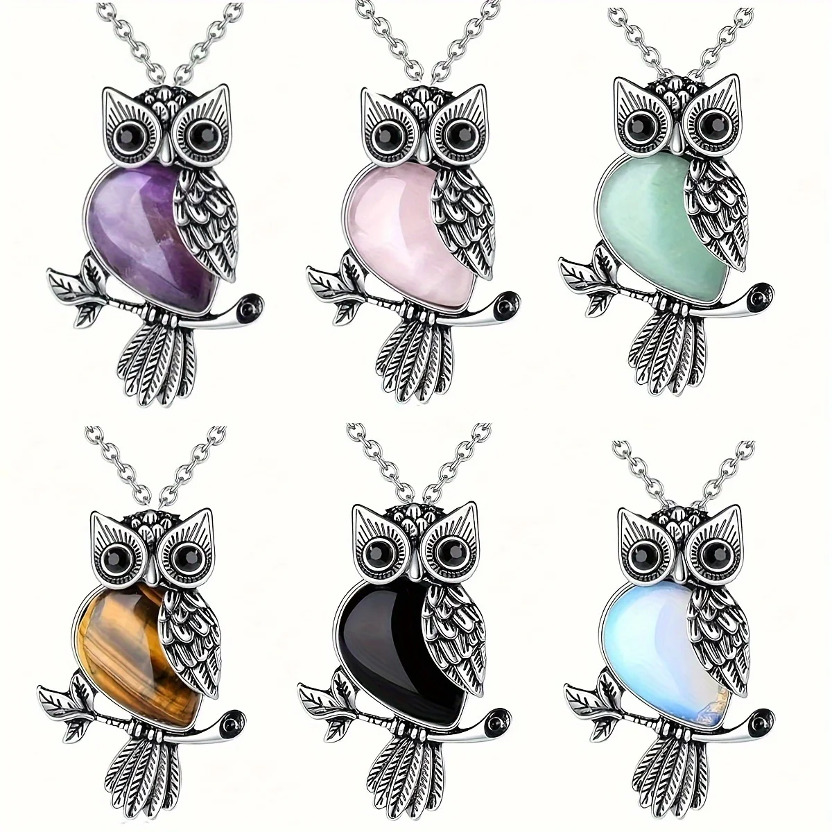 Gift Owl Necklace Healing Crystal Stone Pendant Necklace for Women Men Natural Amethyst Jewelry Spirit Energy Lucky, Stone