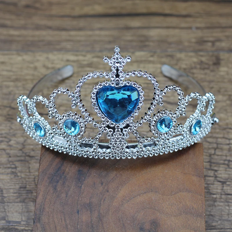 Lovely Blue Girls Plastic Hairband Rhinestone Princess Crown Headband Heart Birthday Tiara For Children Kids Hair Accessories