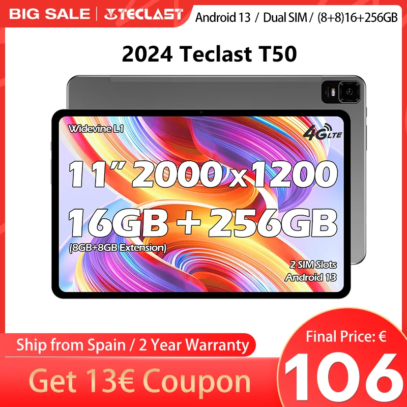 TECLAST T50 2K tablet 11 inch Android 12/13 8GB RAM + 128GB/256GB ROM(TF 1TB), 4G LTE, Dual SIM + 5G WiFi, 2000×1200 IPS TDDI CPU T616 octa-core 2GHz 20MP/BT5/Type-C /GPS/7500mAh camera