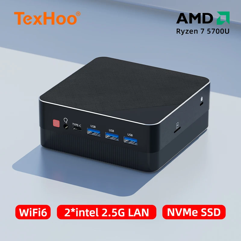 TexHoo Four Display Mini PC AMD RYZEN 7 5700U 5500U Pocket Dual DP HD-MI LAN Type-C WIFI6 DDR4 16GB 1TB NVMe Mini Computer