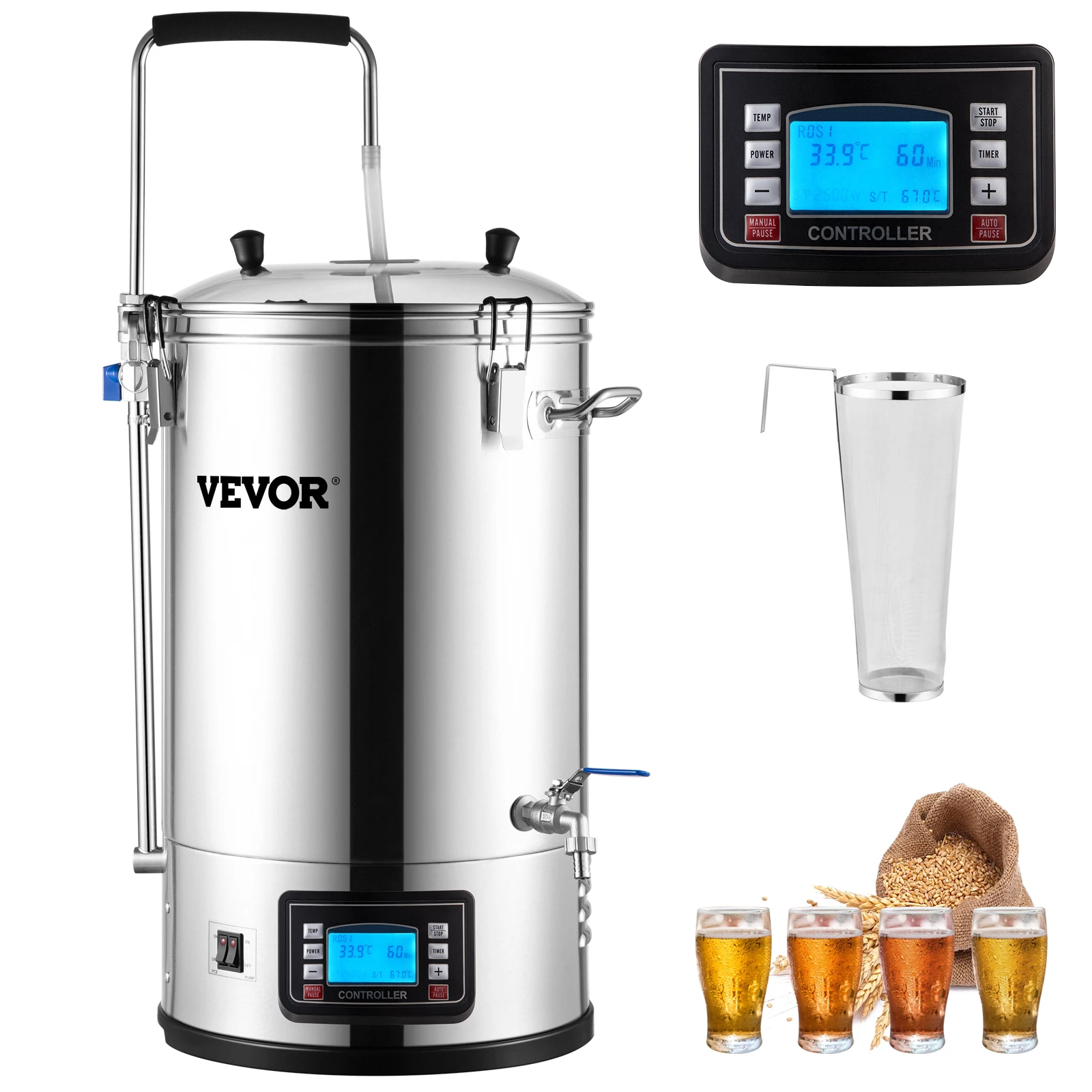 VEVOR Electric Brewing System, 9.2 Gal/35 L Brewing Pot, All-in-One Home Beer Brewer Kit w/Pump, w/Auto/Manual Mode Panel