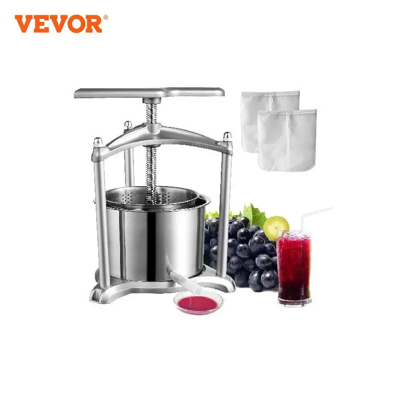 VEVOR Fruit Wine Press 6L 2 Stainless Steel Barrels, Manual Juice Maker with T-Handle, Triangular Structure for Kitchen Bars