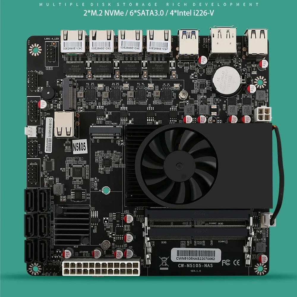 N5105 Industrial Motherboard NAS Motherboards 4 Cores 4 Threads Low Power Processor 4×2.5G i225 Network 2 M.2 Slot 6xSATA DP HD