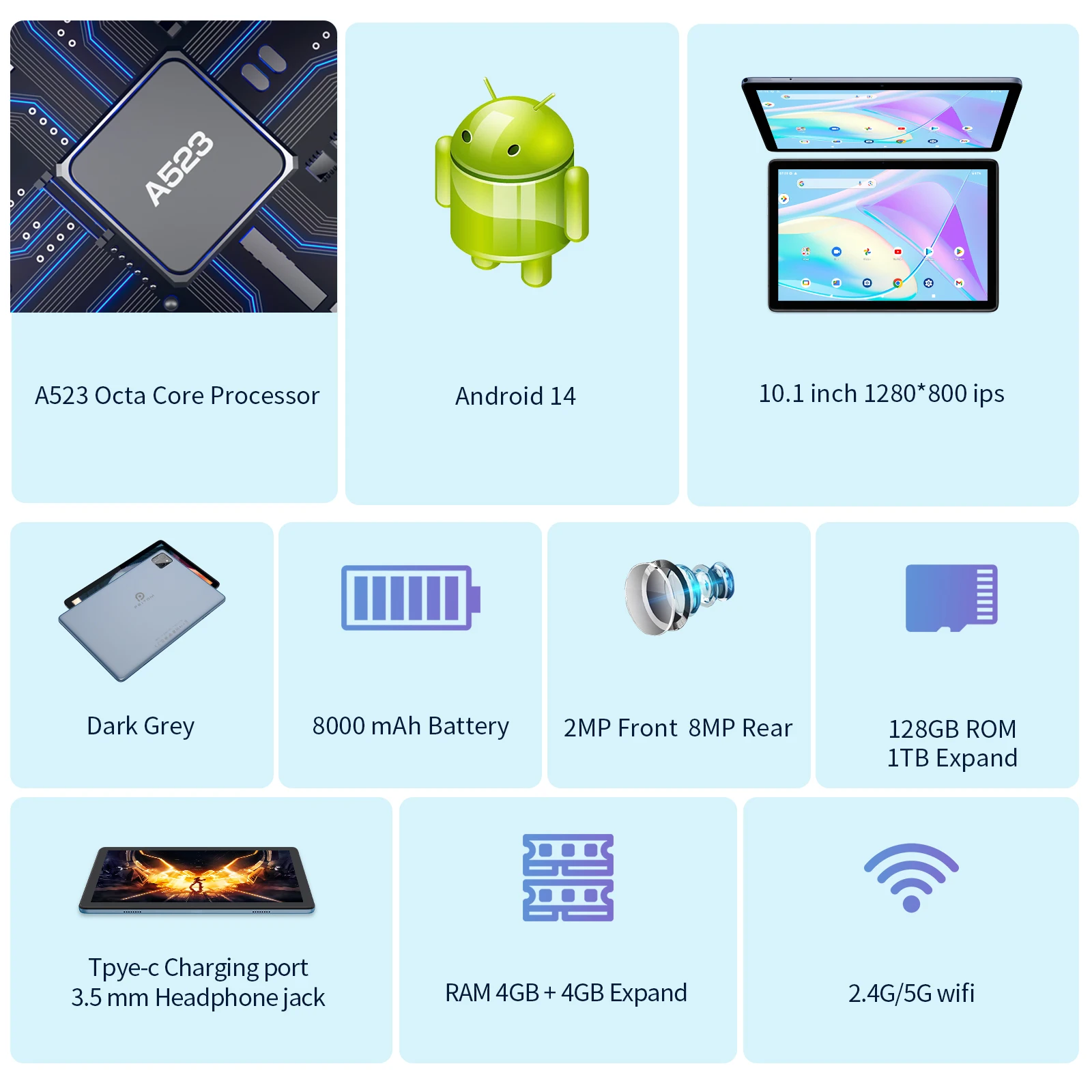Tablet Android 11 Pollici Ascrecem P13 - Octa-Core, 14GB RAM, 128GB ROM, WiFi 6, Batteria 8000mAh, Custodia Inclusa (Grigio)