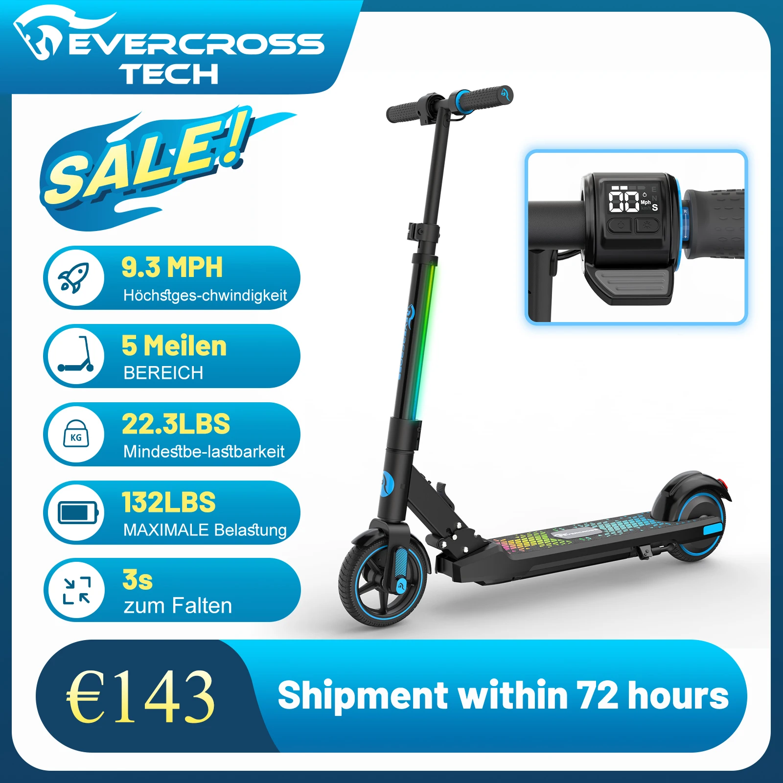 EVERCROSS TECH EV06C electric scooters, foldable scooters for children aged 6 to 12, up to 15 km/h and 8 km,