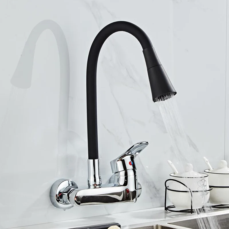Wall Mounted Kitchen Faucet Wall Kitchen Mixers Kitchen Sink Tap 360 Degree free Swivel Flexible Hose Double Holes