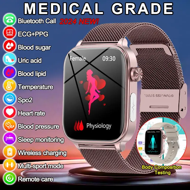 2024 New Women AI Medical Diagnosis Smart Watch HD Bluetooth Call ECG Blood Glucose Uric Acid Blood Lipids monitoring Smartwatch