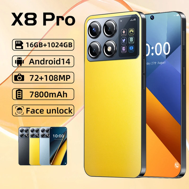 2025 NEW Mobile Phones X8 Pro 7.3 HD Screen SmartPhone 16G+1T 5G Dual Sim Celulares Android Unlocked 108MP 7800mAh Cell Phone