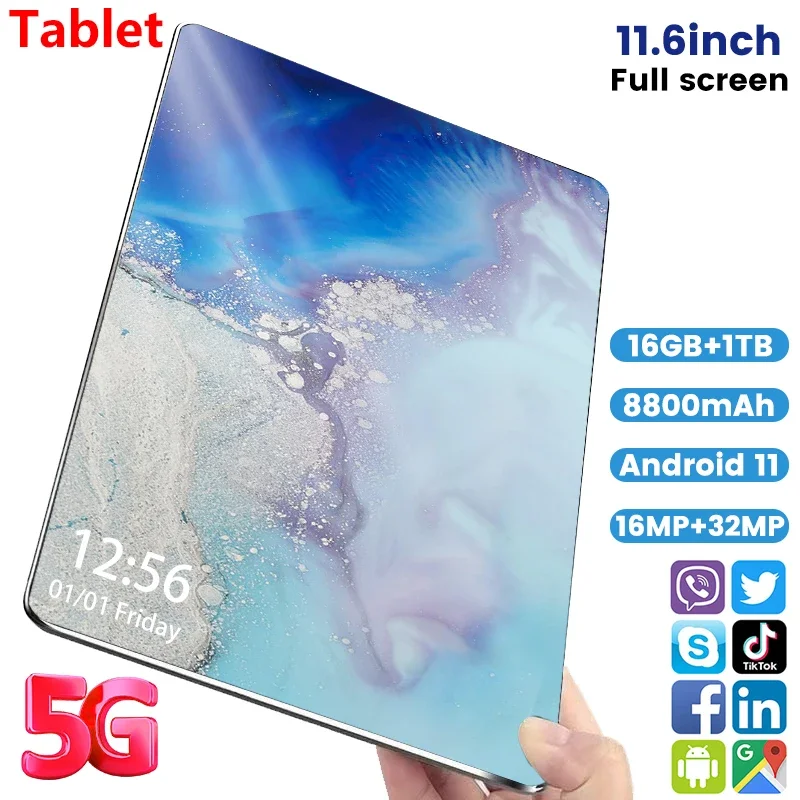 5G 2024 New Global Version 11.6 inch Tablet Android 16GB Ram 1TB Rom Android 11.0 Dual SIM 10 Core Bluetooth tablets PC Network