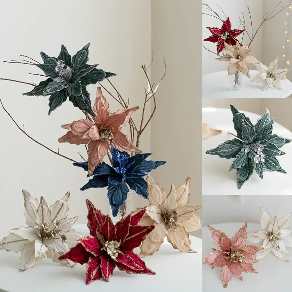 Glitter Christmas Poinsettia Flower 28cm Realistic Merry Christmas Decoration Artificil Handmade Xmas Tree Decor 2024 New Year