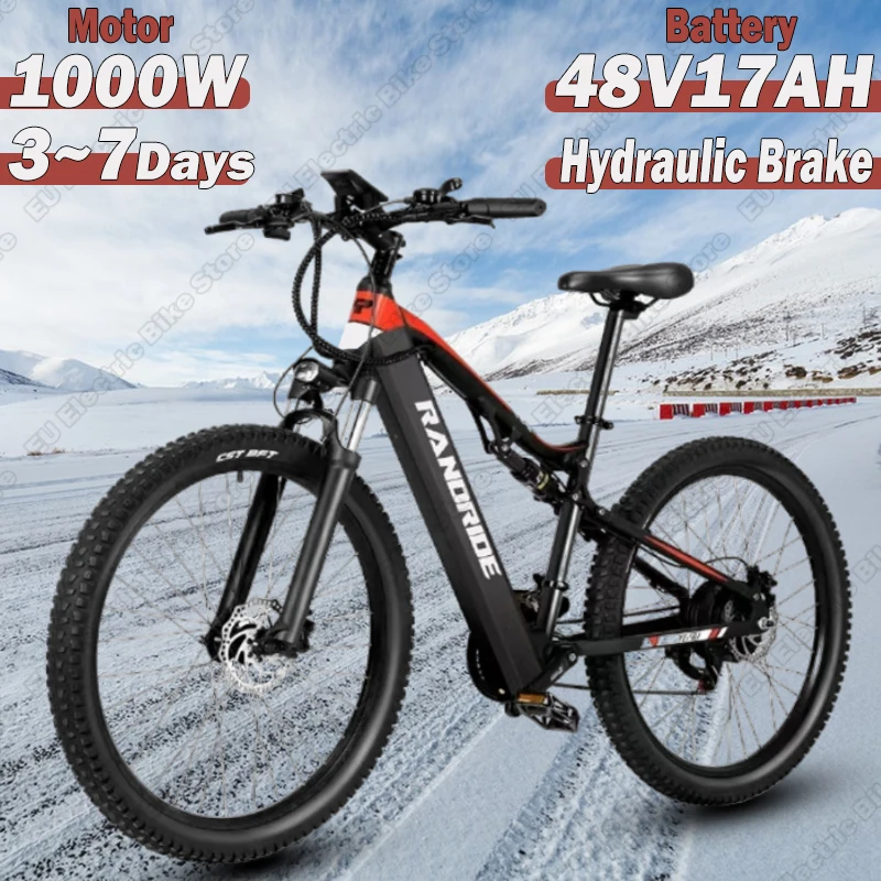 YG90 Electric Bike 1000W Brushless Motor 48V17AH Lithium Battery Hydraulic Brake City Ebike 27.5-inch Tire Snow Electric Bicycle