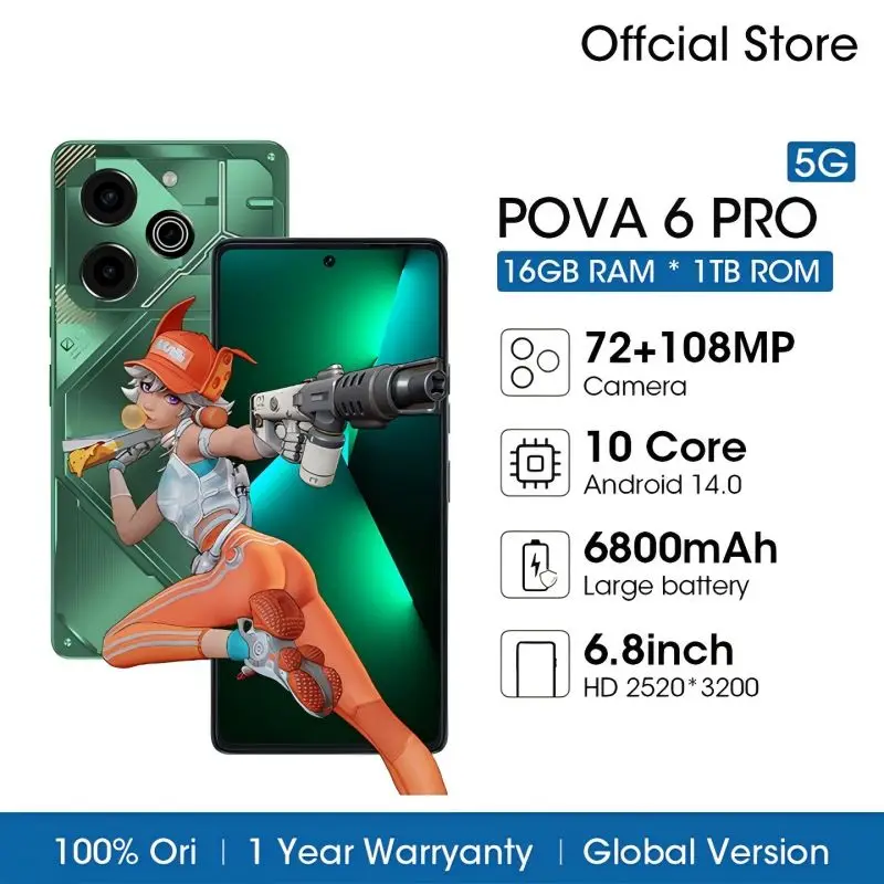 2025 New Phone Pova 6 Pro Global version Mobile phone 6.8 inch HD 16G+1T Cellphones 5G Original Dual Sim Face Unlocked Android 1