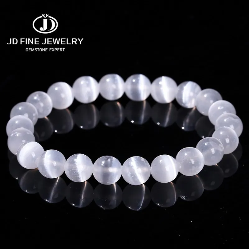 JD Natural White Selenite Stone Bead Bracelet Women Men 100% Real Gypsum Round Stone 6 8 10mm Stretch Bangles Mineral Yoga Gift