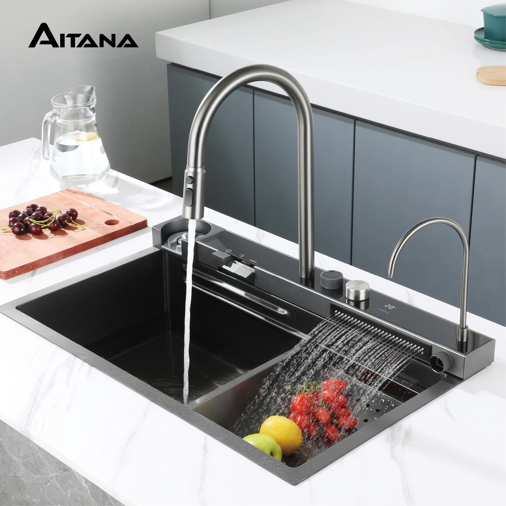 Luxury multi-function brass kitchen faucet intelligent digital display integrated design cold & hot double control sink faucet
