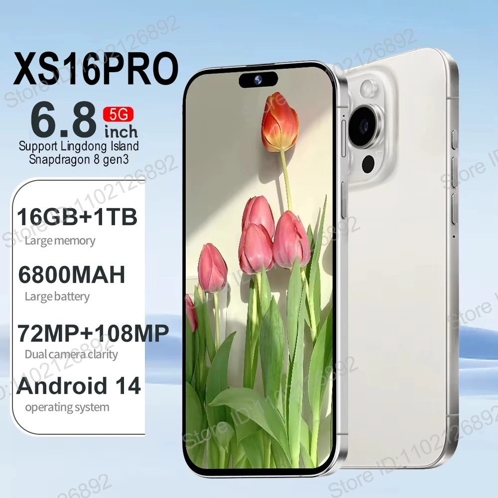 Brand New Original 16GB+1TB For Smartphone 6.8 inch XS16 Pro Full Screen 4G 5G Cell Phone 6800mAh Mobile Phones Global Version