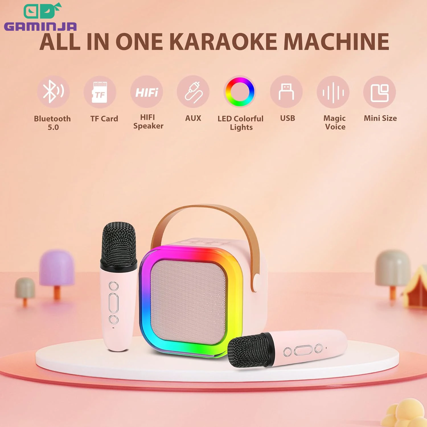 GAMINJA Mini Karaoke Machine With Wireless Microphone Suitable For Children And Adults Portable Bluetooth Speaker With LED Light