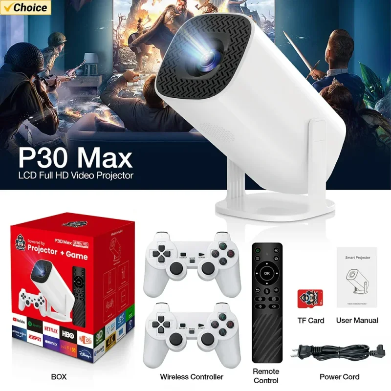 NEW Proyector portátil para cine en casa, videoconsola Retro P30MAX con Android 11, WIFI Dual, BT5.4, 1280x720P, para exteriores