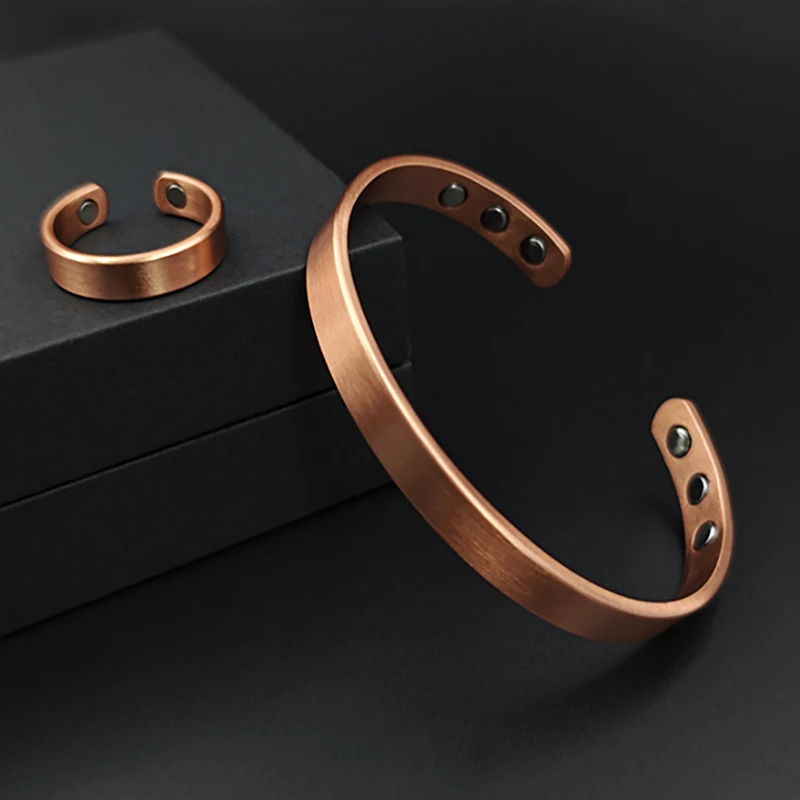 SNQB Simple Jewelry Set Pure Copper Bracelet Rings Cuff Magnetic Bangles For Women Men Arthritis Health Solid Copper Jewelry