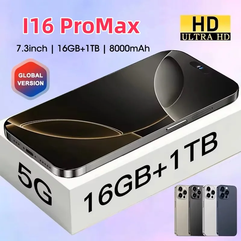 2025 Hot Original For Brand Smartphone 7.3 inch New i16 ProMax Full Screen 4G 5G Cell Phone 8000mAh Mobile Phone Global Version
