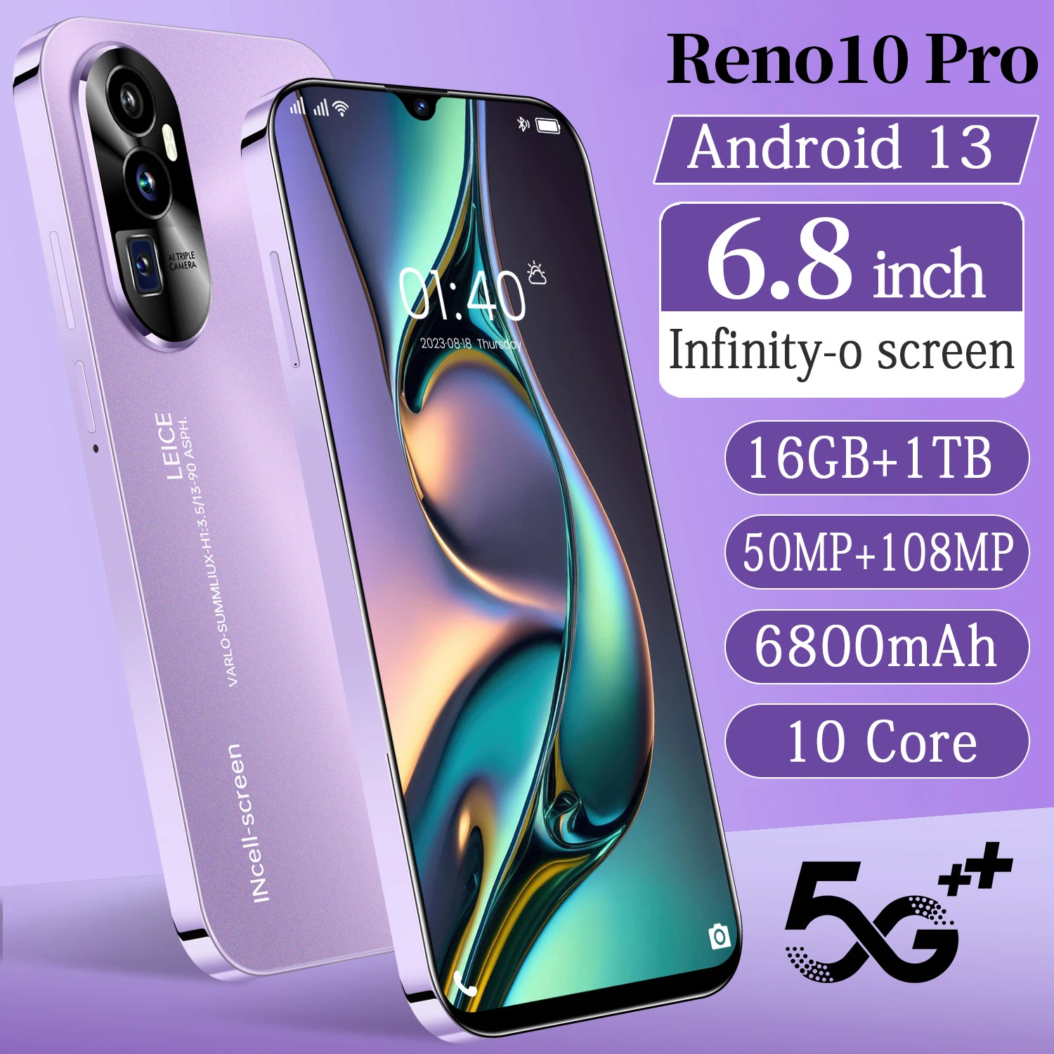 2025 New Reno10 Pro Smartphones 16GB+1TB Google NFC Celulares 6.8-inch HD 6800mAh 5G WiFi Cell Phones 50MP+108MP Mobile Phones