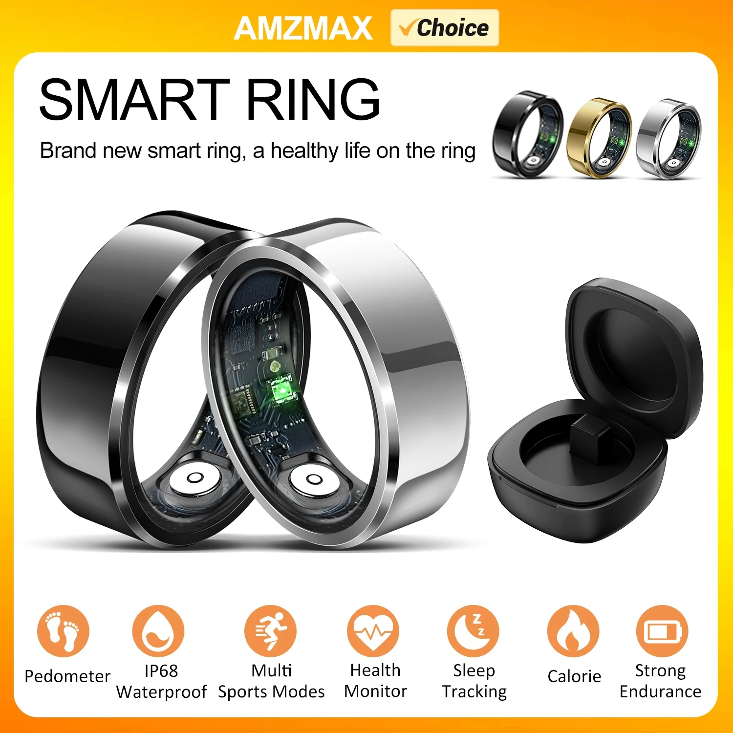 Smart Fitness Ring with Chargering Case for Men Women,Heart Rate and Blood Oxygen Monitor,IP68&5ATM Waterproof,Multi-sport Mode