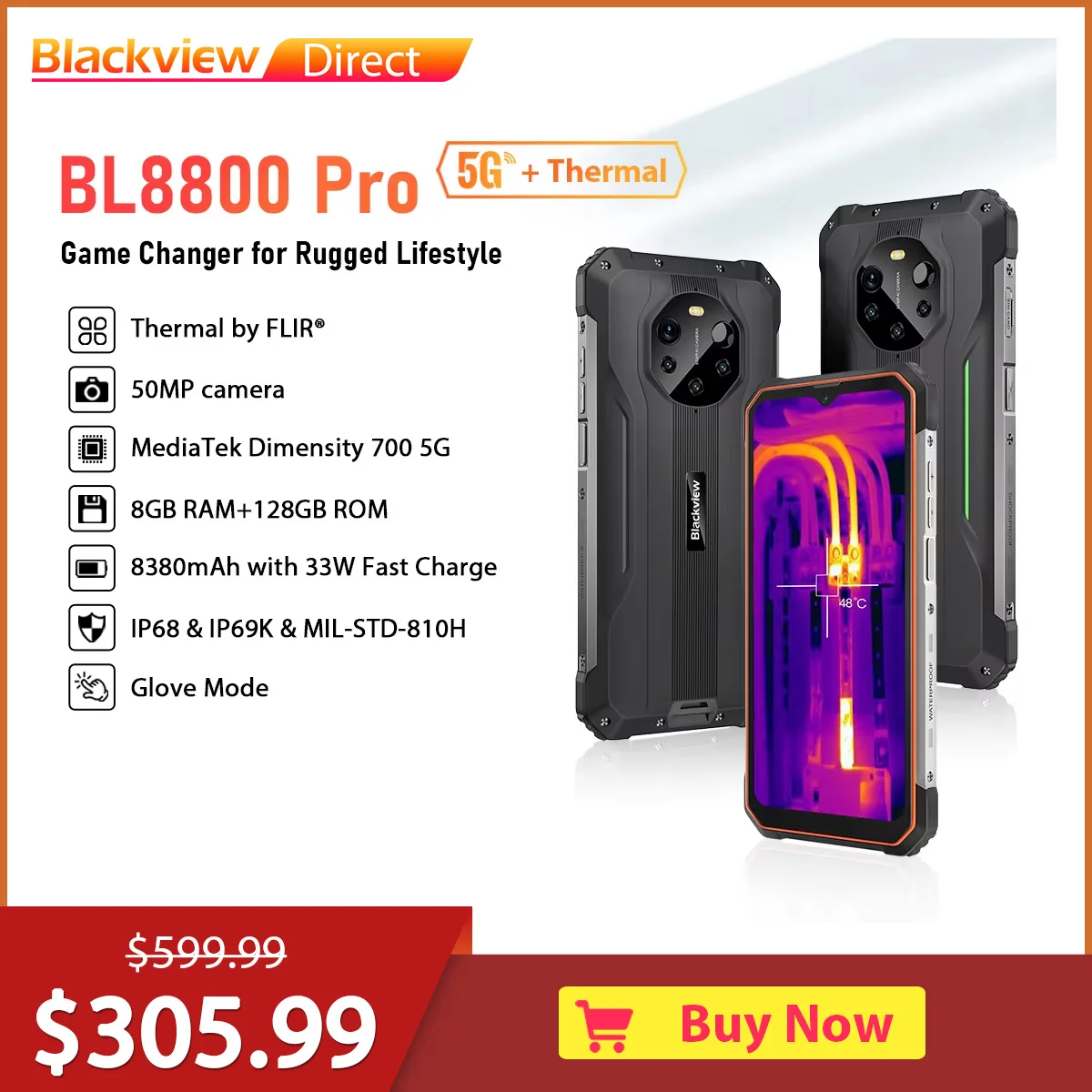 Blackview BL8800 Pro Thermal Imaging 5G Rugged Mobile Phone, 6.58