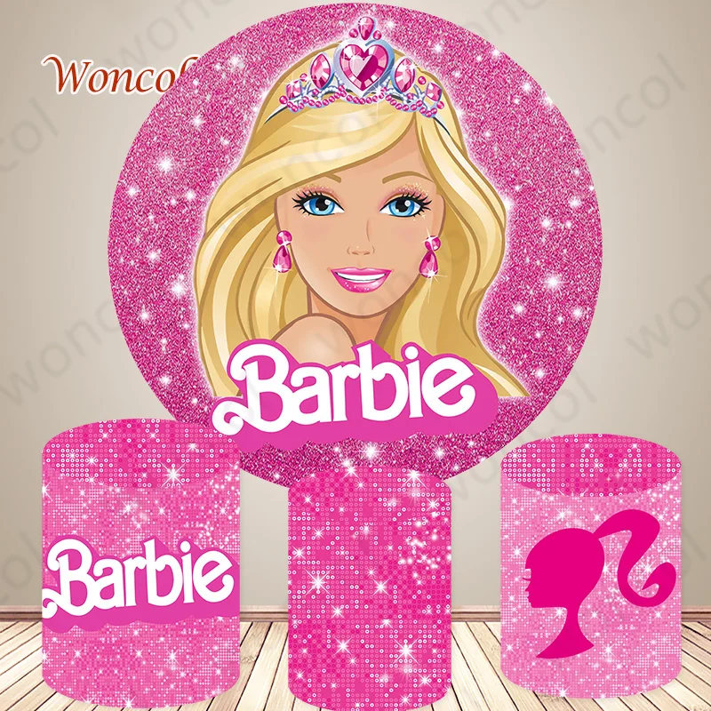 Barbie Round Backdrop Girls Birthday Party Photo Backdrop Pink Princess Theme Round Cylinder Cover Photo Studio Props