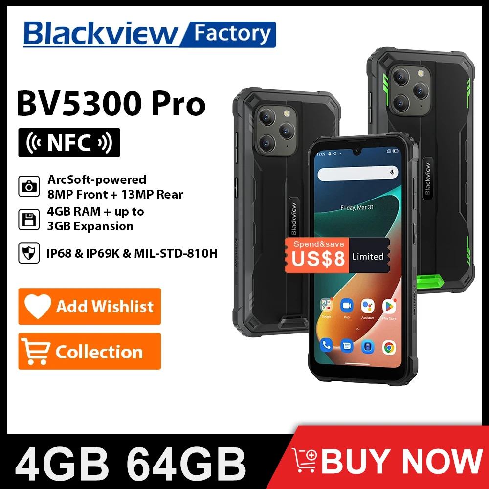 BLACKVIEW BV5300 Pro ArcSoft Rugged Smartphone 4GB 64GB Octa Core Android 12 Mobile Phone 13MP 6580mAh 6.1 Inch NFC Cellphone