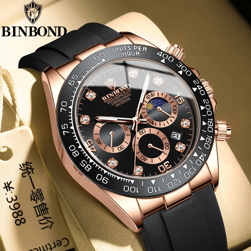 BINBONG Quartz Watch for Men Silicone Strap Moon Phase Date Chronograph Dial Waterproof Sports Fashion Business Men’s Wristwatch