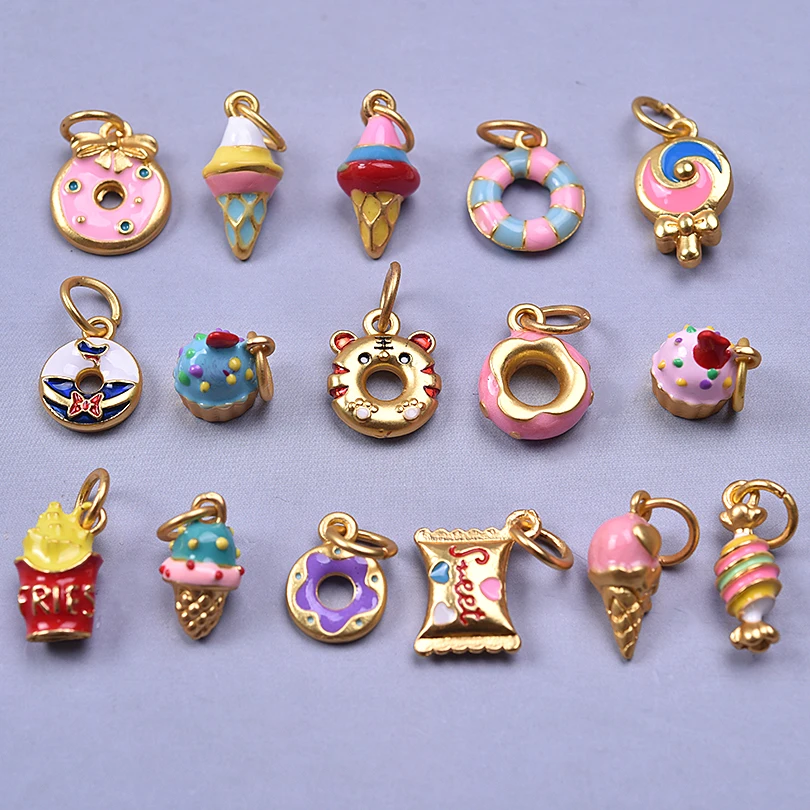 16Pcs Dripping Oil Alloy Fashionable Pendant Candy Ice Cream Fries Jewelry Craft Products Charming Diy Necklace Accessories Gift