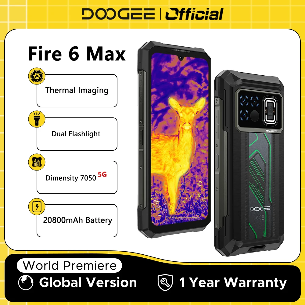 World Premiere DOOGEE Fire 6 Max 5G Rugged Phone Dimensity 7050 Thermal Imaging 6.72” Dual Flashlight 20800mAh Battery Cellphone