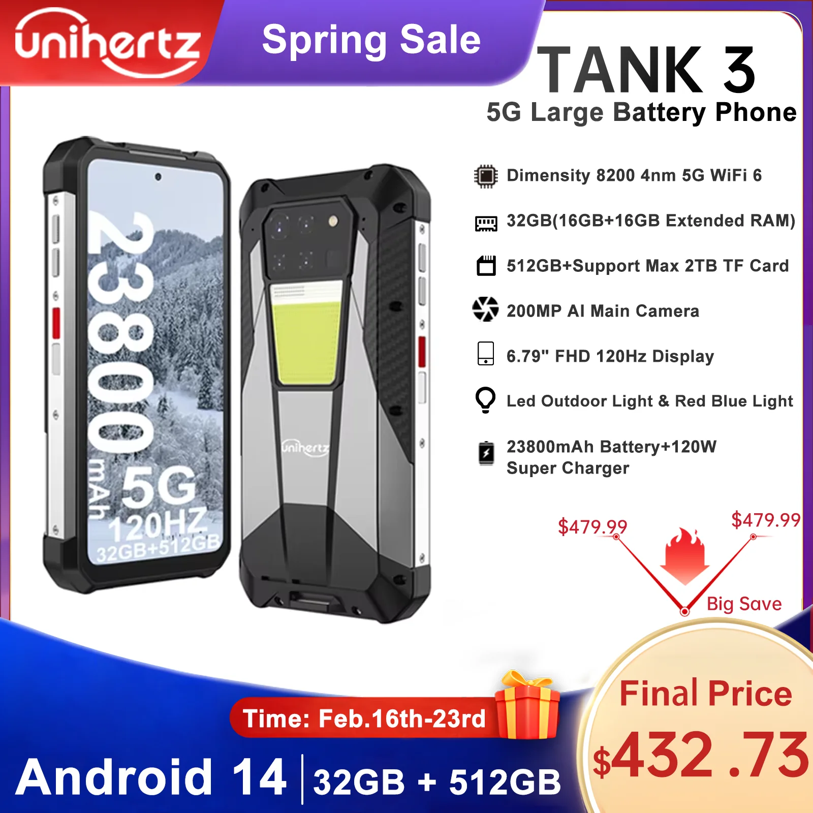 Unihertz 8849 Tank 3 Rugged Smartphone Android 14 23800mAh 5G Outdoor Cell Phone Unlocked 32GB +512GB Phone Dimensity 8200 CPU