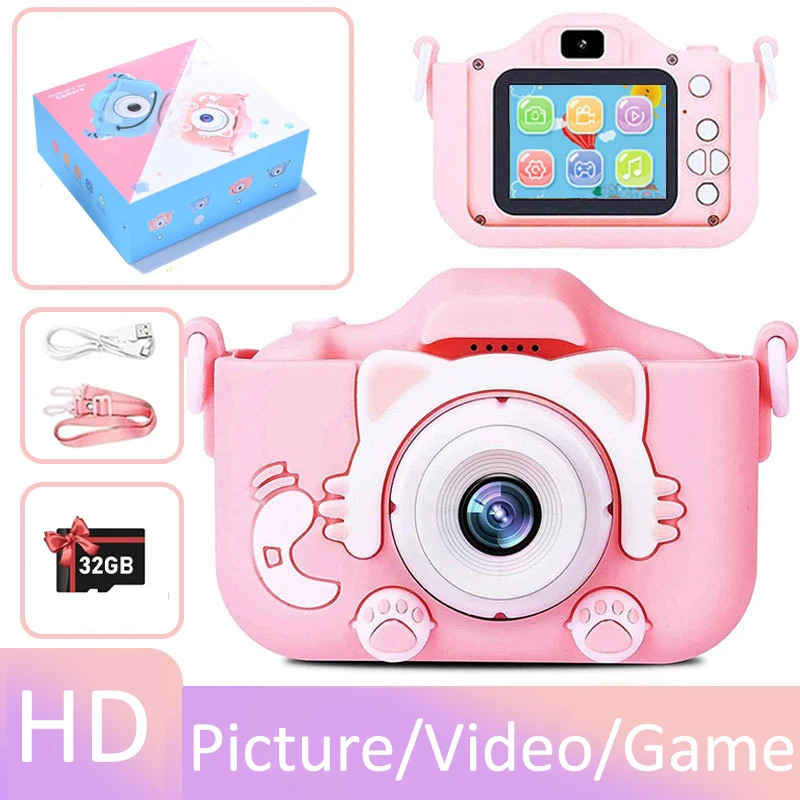 X2 Children Camera 32G Mini Digital Cartoon Cat Cam Educational Toys For Kids HD Video Camera Outdoor Photography Toy Xmas Gifts
