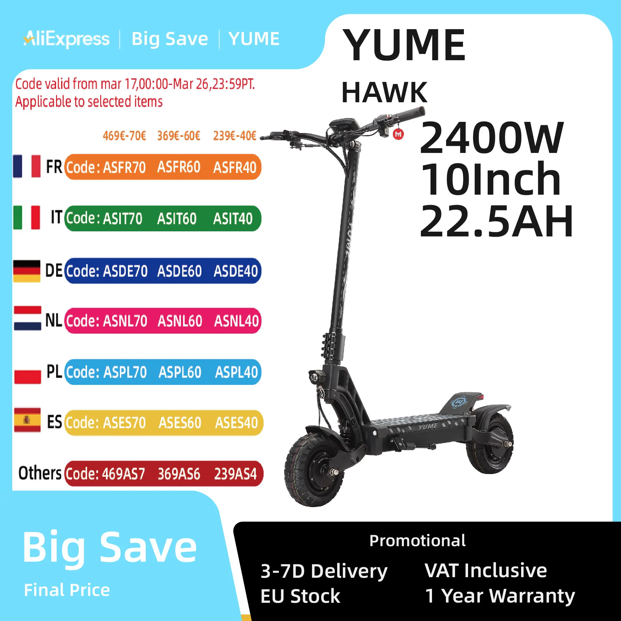 YUME HAWK Electric Scooter 10×3.15