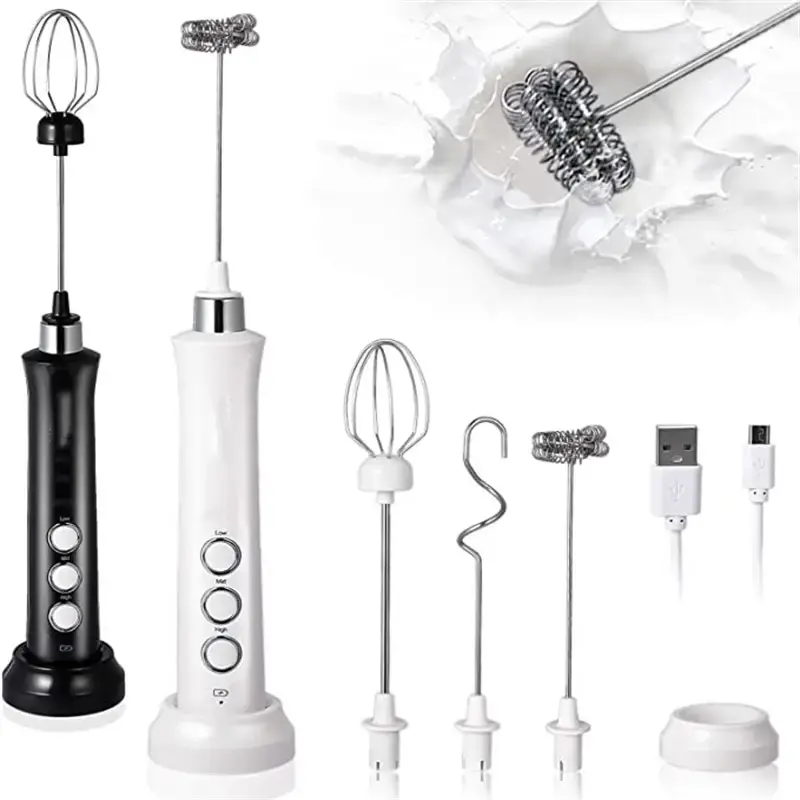 Wireless Rechargeable Electric Milk Frother – 3 Speeds, Handheld Foam Maker for Latte, Cappuccino, Hot Chocolate – USB Rechargea