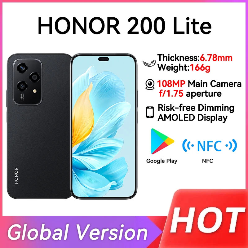 Global Version HONOR 200 Lite 5G Smartphone 6.7” 90Hz AMOLED Display 108MP Main Camera Dimensity 6080 256GB ROM